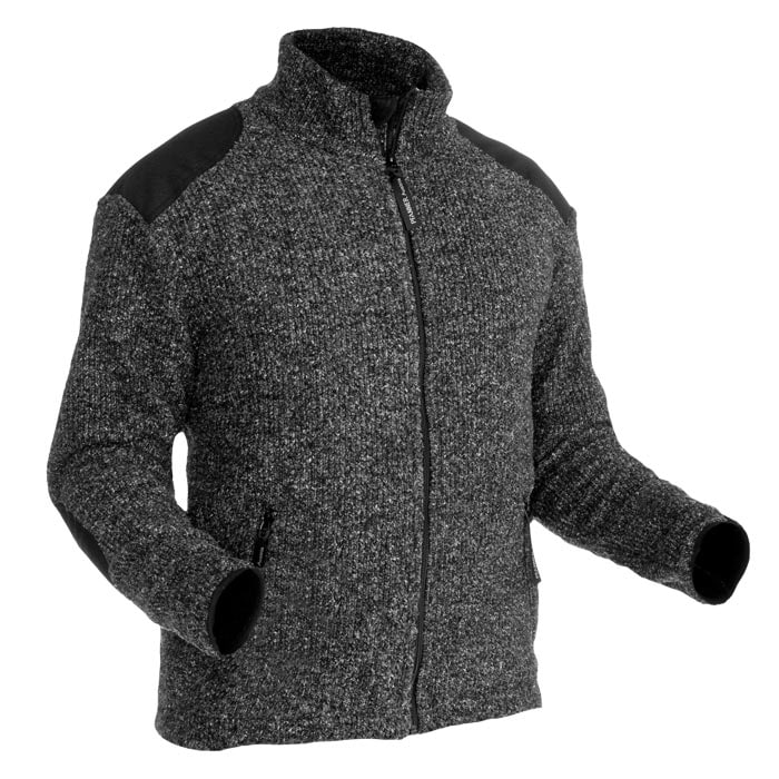 Grizzly Jacke graue Strickjacke mit schwarzem Besatz an Schultern und Ellbogen und Reißverschluss