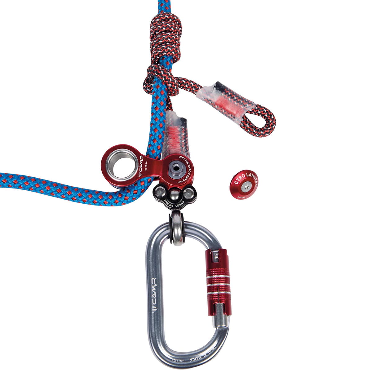 Gyro Lanyard Single, Nahaufnahme der roten Metallteile mit Karabiner und Seil in blau-rot