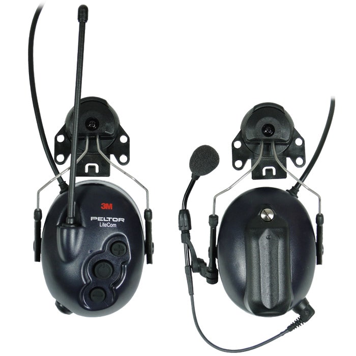 3M Peltor Lite Com Kopfhörer mit Mikrofon, Antenne, Bedientasten und Halterung, Vorder- und Rückansicht