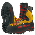Bergstiefel Zugspitze Extreme in Gelb und Schwarz mit roten Schnürsenkeln, Profilsohle und Schriftzug "EXTREME" in Rot auf der Seite