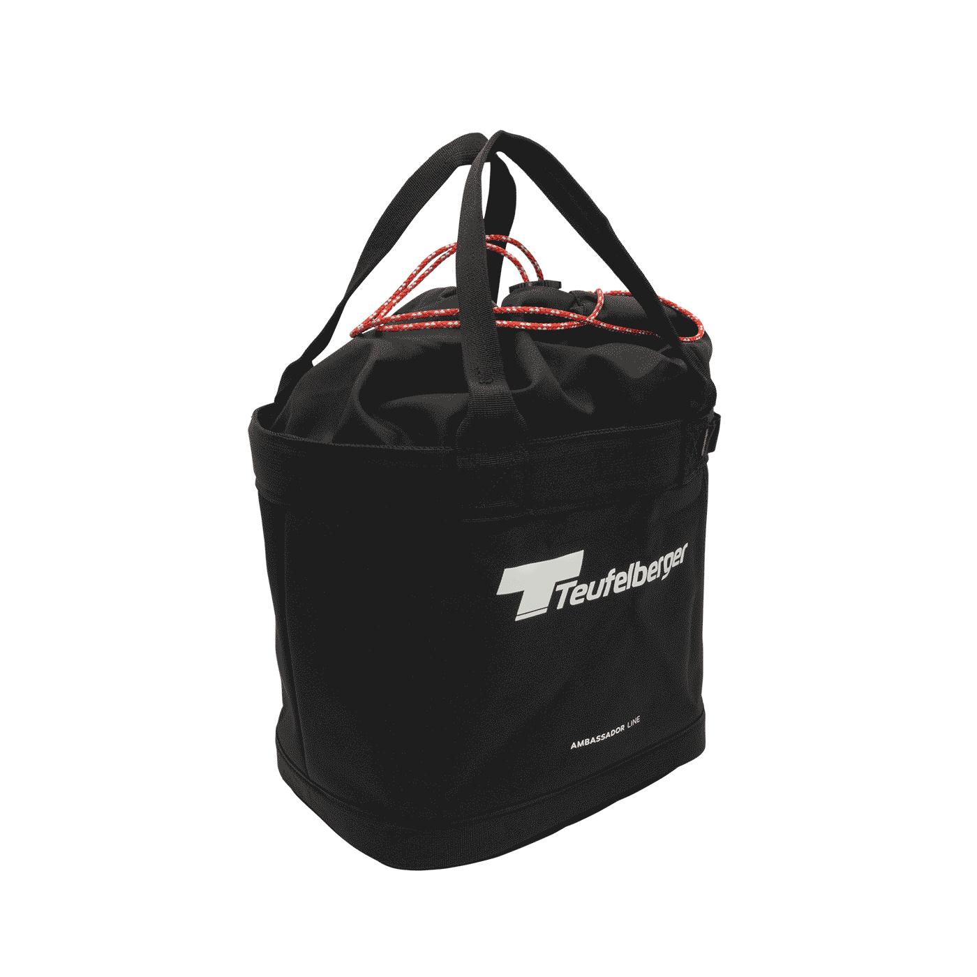 Bucket Mule von Teufelberger, schwarze runde Tasche mit zwei schwarzen Tragegriffen und rotem Kordelverschluss, Vorderseite mit weißem Teufelberger-Logo und Schriftzug "AMBASSADOR LINE"