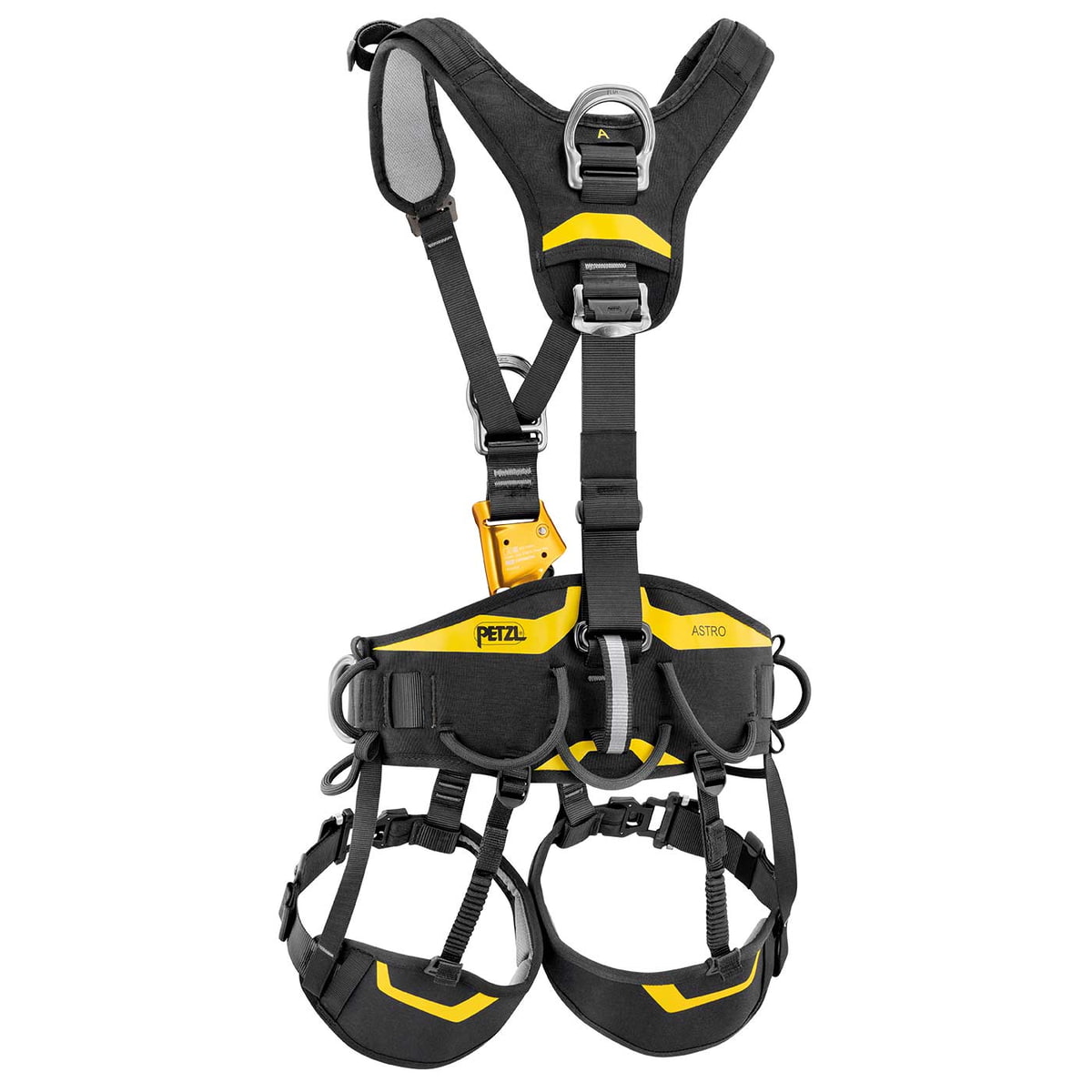 Astro Bod Fast Klettergurt von Petzl in Schwarz mit gelben Akzenten und gepolsterten Bein- und Hüftschlaufen, Rückseite zu sehen