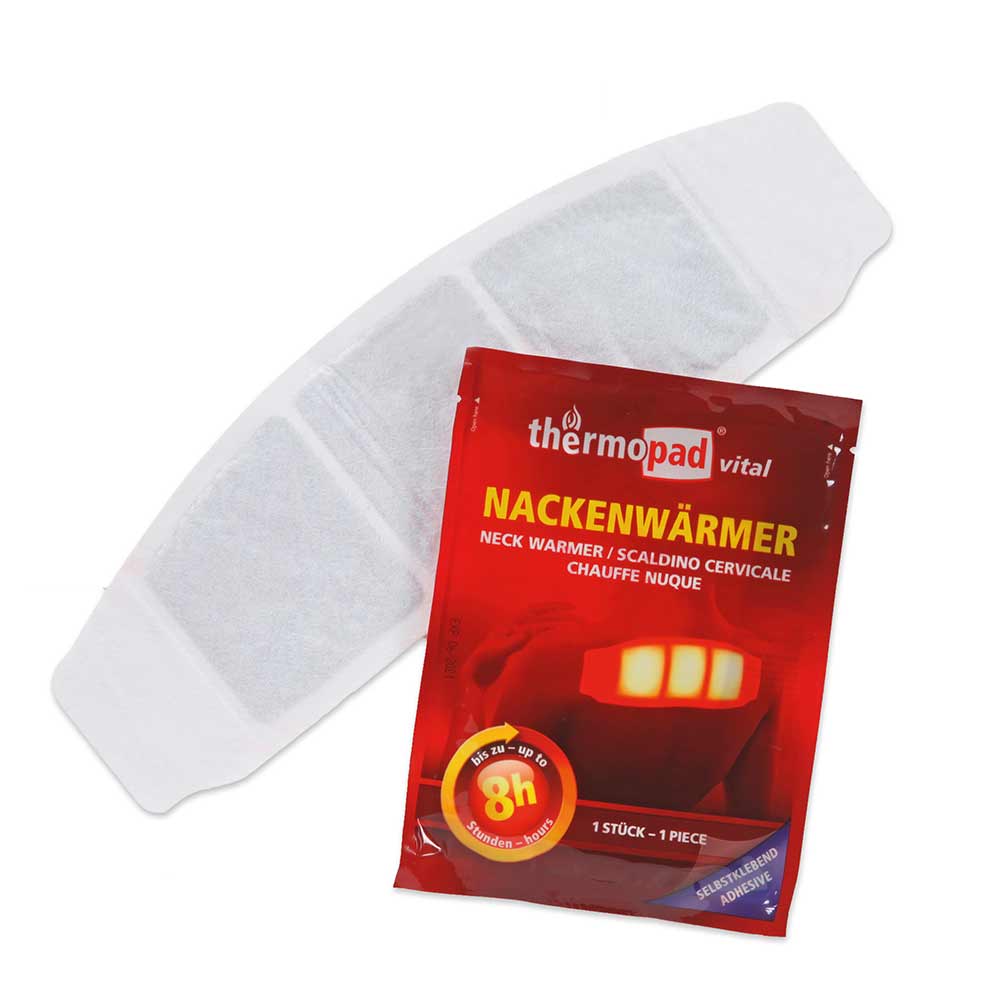 Nackenwärmer von thermopad vital in roter Verpackung mit gelber Aufschrift und weißem, länglichem Wärmepflaster mit Klebeflächen an den Enden