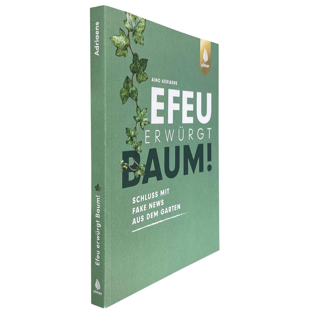 Buch "Efeu erwürgt Baum!" von Aino Adriaens, grüner Einband mit Efeublatt und Ulmer-Logo, Seitenansicht