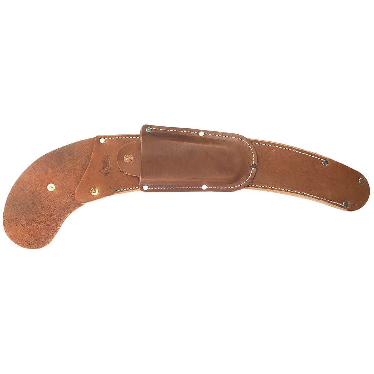 Lederholster KR/S aus braunem Leder mit weißen Nähten und Metallnieten, flach ausgelegt