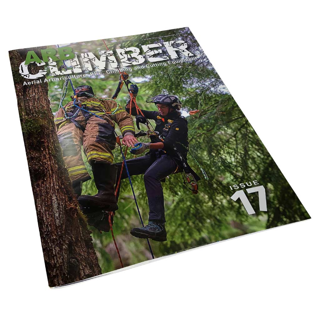 Arb Climber No. 17 Magazin mit einem Bild von zwei Personen in Kletterausrüstung an einem Baum, schräg von oben fotografiert, mit dem Titel „ARB CLIMBER“ oben auf dem Cover