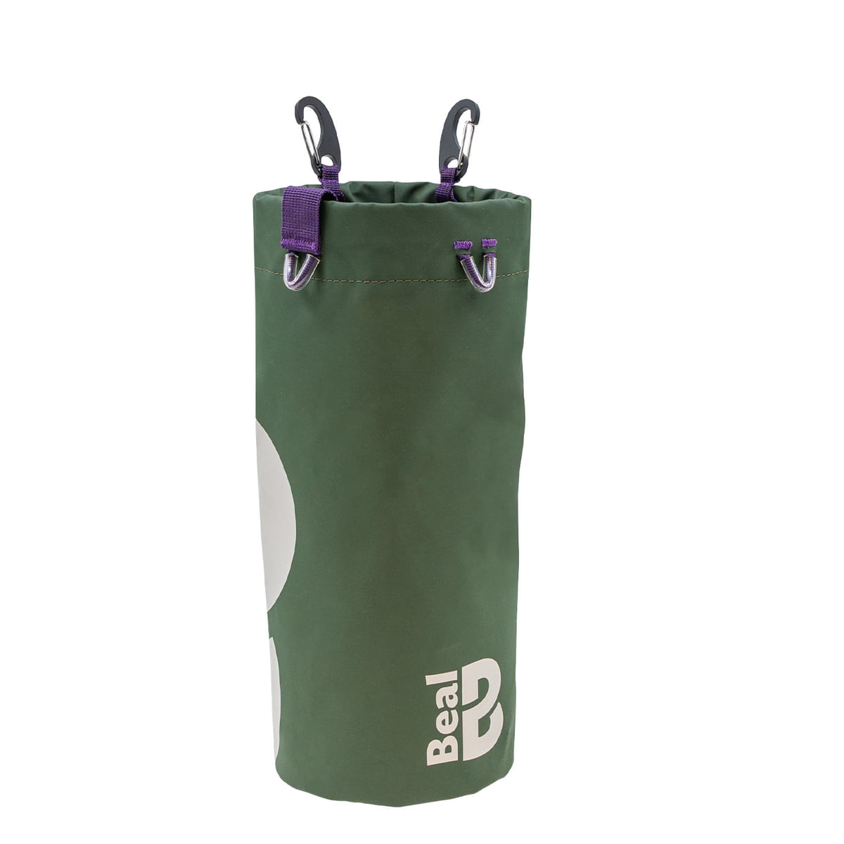 Tool Bucket L von Beal, grün mit weißem Beal-Logo, zylindrisch mit zwei schwarzen Karabinern und violetten Schlaufen am oberen Rand