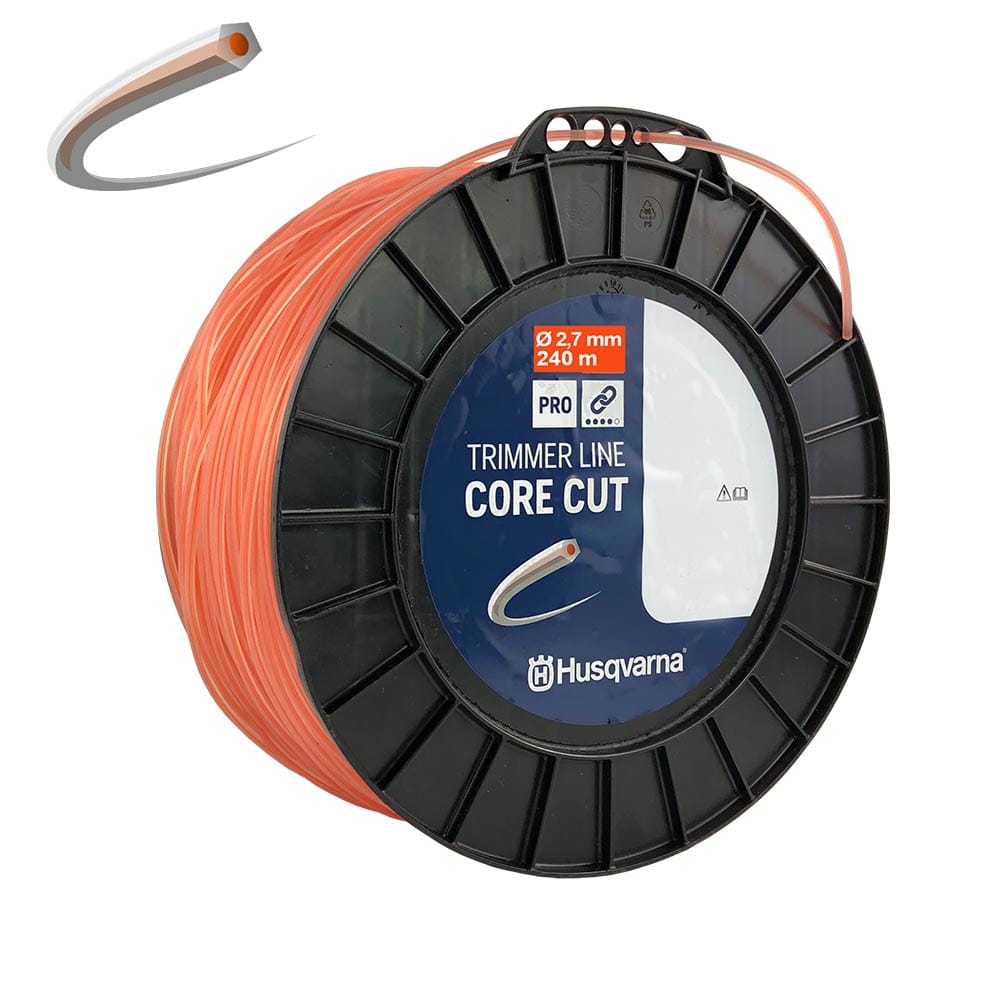 Core-Cut 2.7/240 von Husqvarna, schwarze Spule mit oranger Trimmerline, Etikett mit Produktinformationen Ø 2,7 mm 240 m, Nahaufnahme eines orangen Trimmerlinienendes mit Querschnitt
