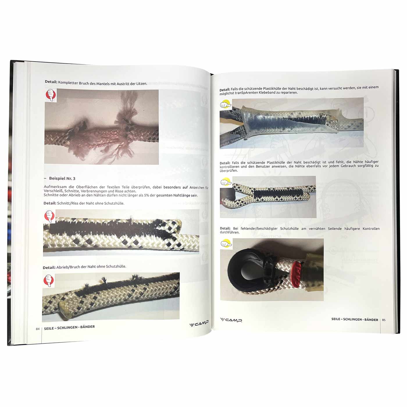 Geöffnete Buchseite mit Fotos von beschädigten Seilen, Text und Symbolen, Buch von CAMP
