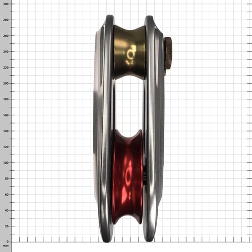 Large Rigging Pulley mit silbernem Metallgehäuse, roter und goldener Rolle von vorne, Produktcode RP257 sichtbar