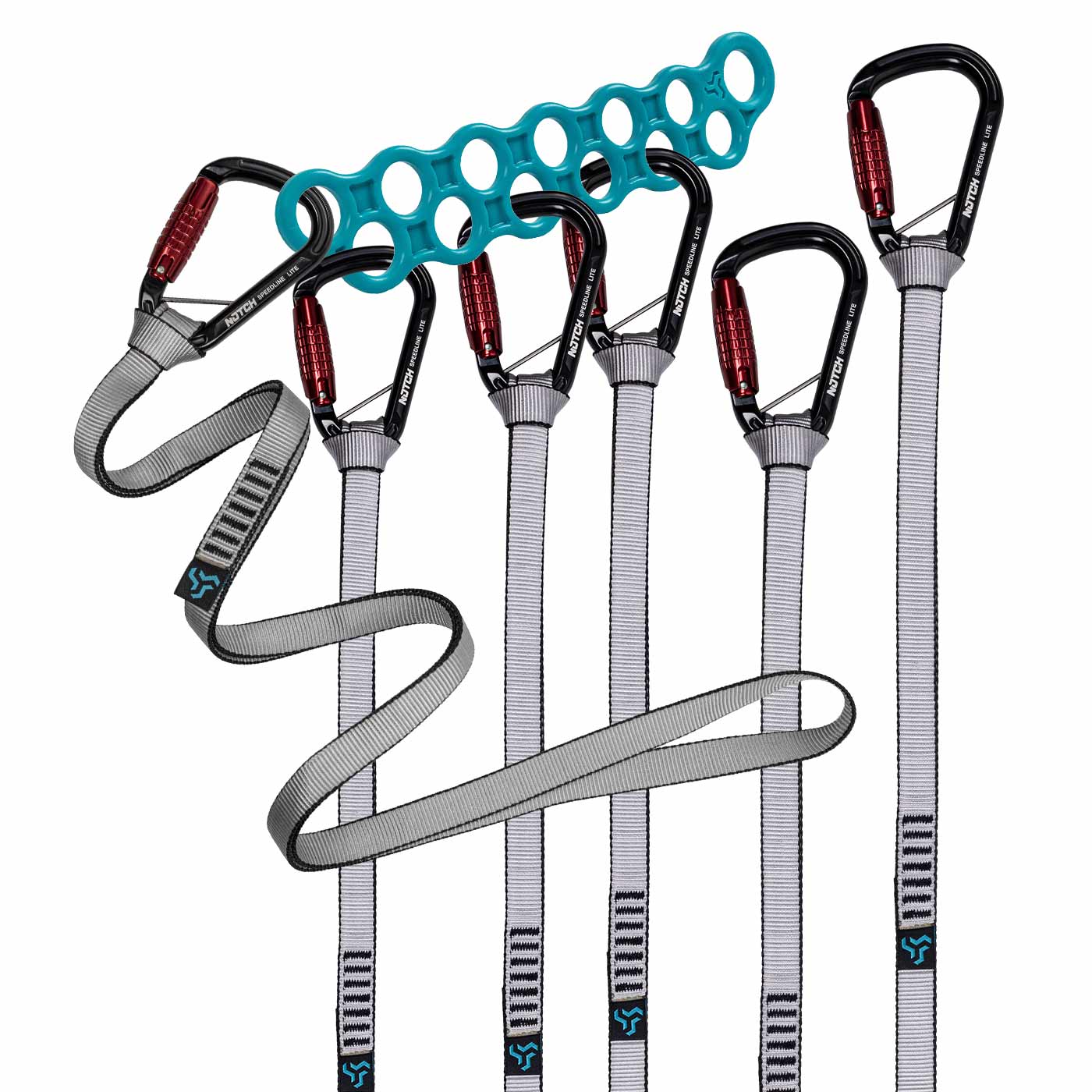 Speedline Lite Kit 40" mit fünf schwarzen Karabinern, grauen Schlaufenbändern und blauem Verbindungsteil