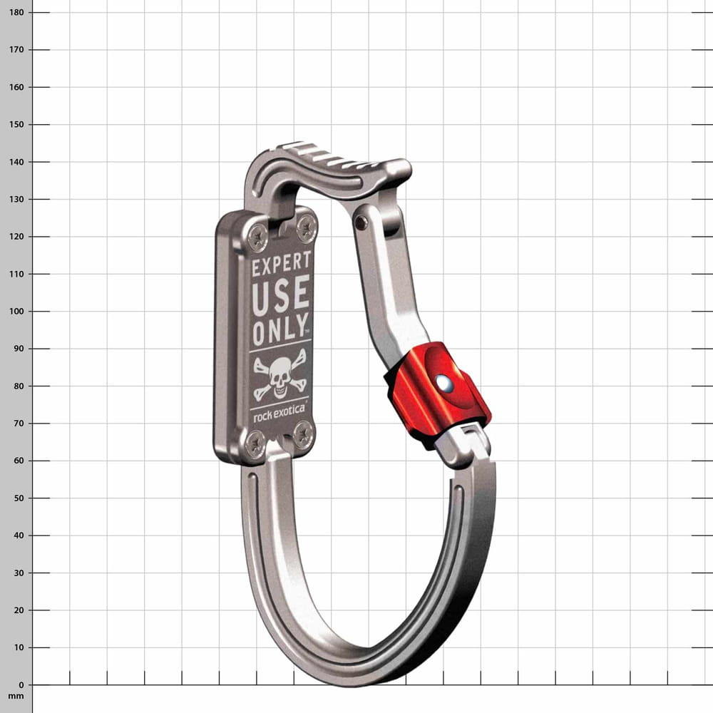 Karabiner mit Aufdruck "EXPERT USE ONLY" und Totenkopf, silberfarben mit rotem Verschluss, Produktname transPorter XL