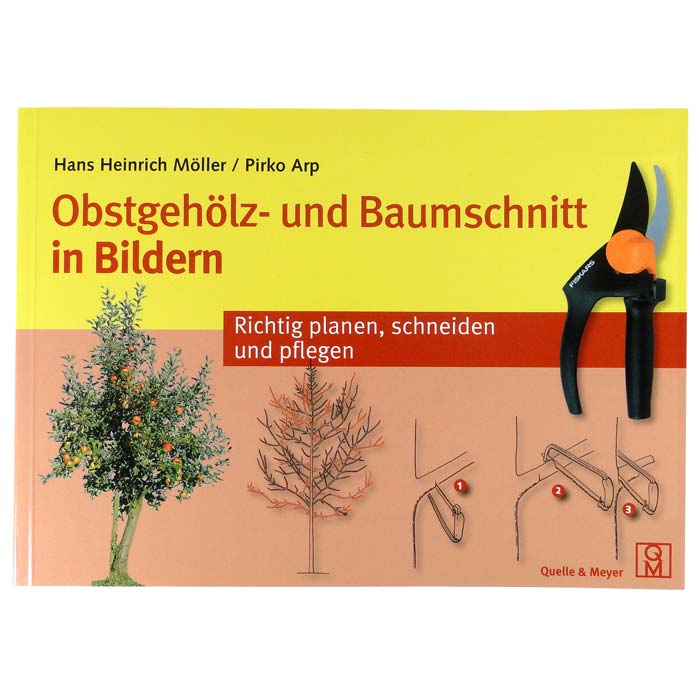 Buch "Obstgehölz- und Baumschnitt in Bildern" von Hans Heinrich Möller und Pirko Arp mit gelbem und braunem Cover, einem Baum mit Früchten, einer Baumzeichnung und einer schwarzen Gartenschere rechts oben