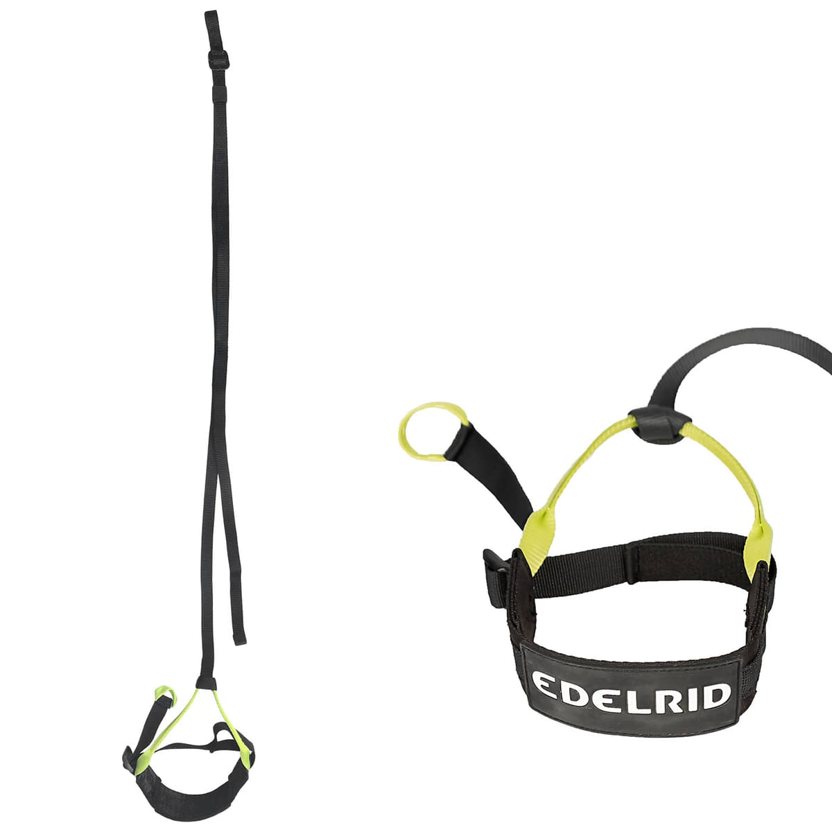 Prostep II von Edelrid, ein schwarzes und gelbes Klettersteigset mit Gurt und Schlaufen, hängend dargestellt