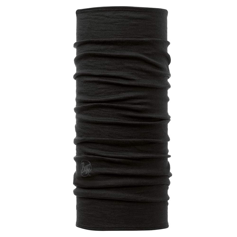 Schwarzer Merino Wool BUFF Schlauchschal mit leicht sichtbarem BUFF-Logo am Rand
