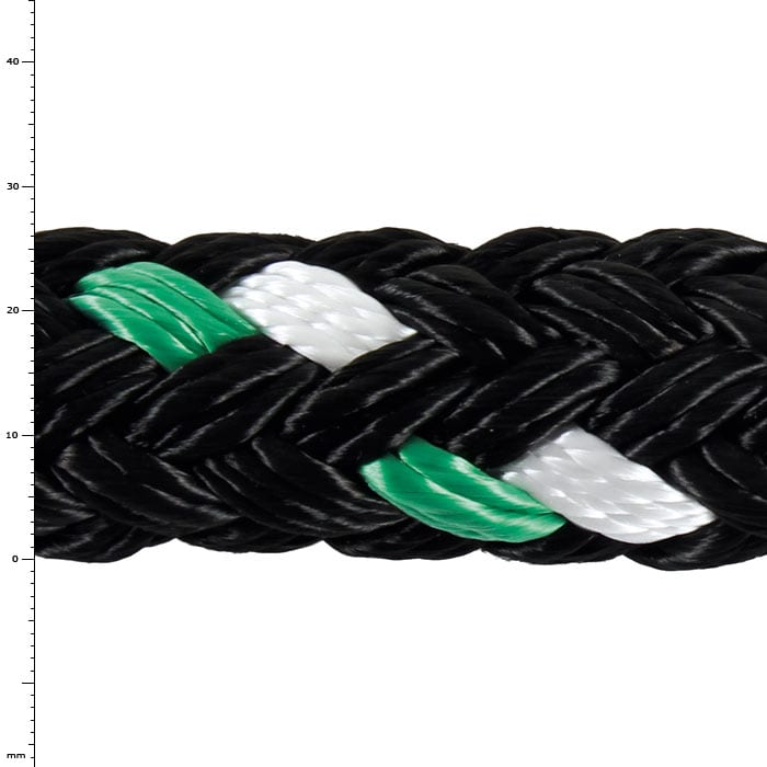 GEFA 8 t PES grün, Nahaufnahme eines geflochtenen schwarzen Seils mit grünen und weißen Fäden