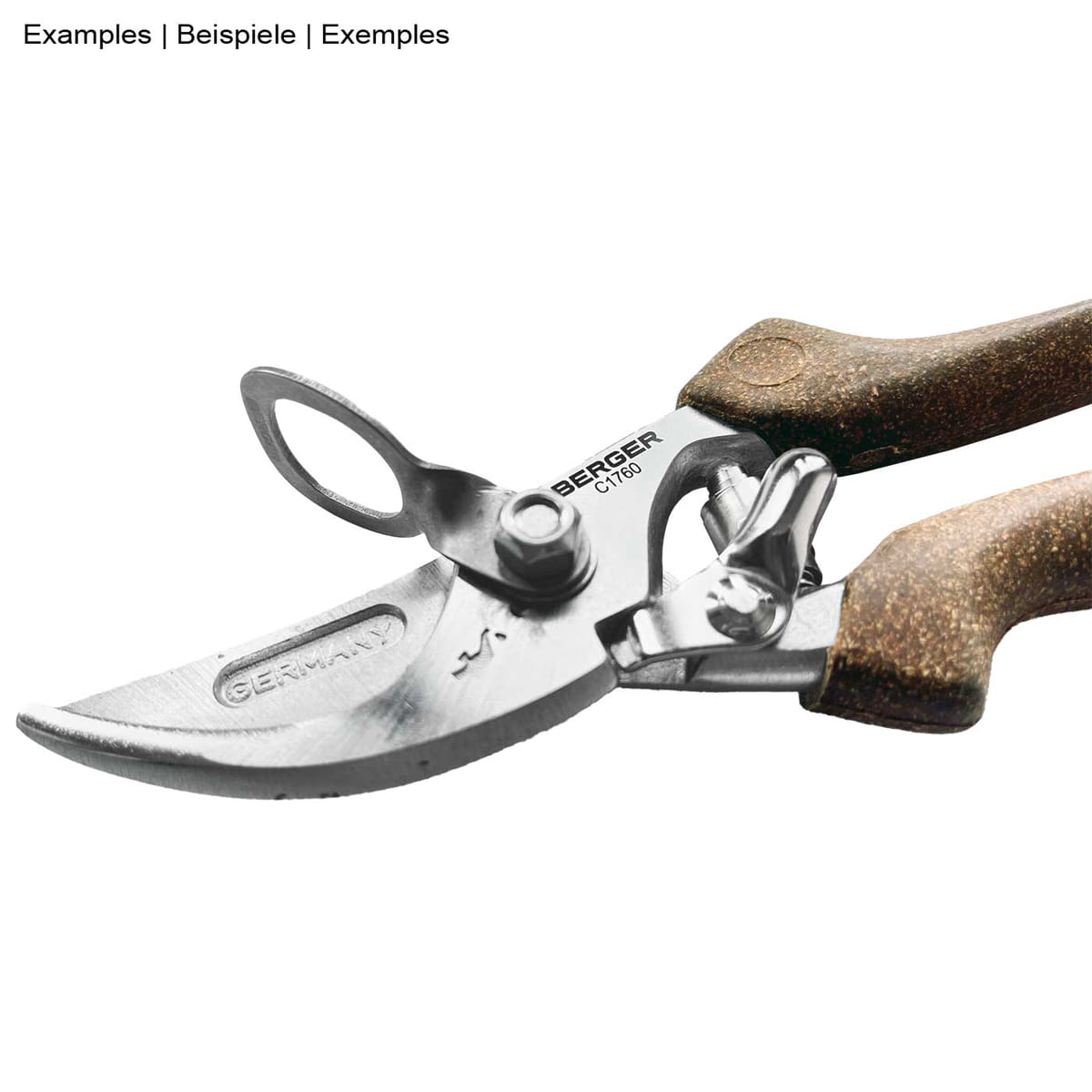 ArboRapid Karabineröse von Berger, silberner Metallring mit kleiner Öse, befestigt an einer Gartenschere mit braunen Griffen und Gravur "BERGER" auf der Klinge