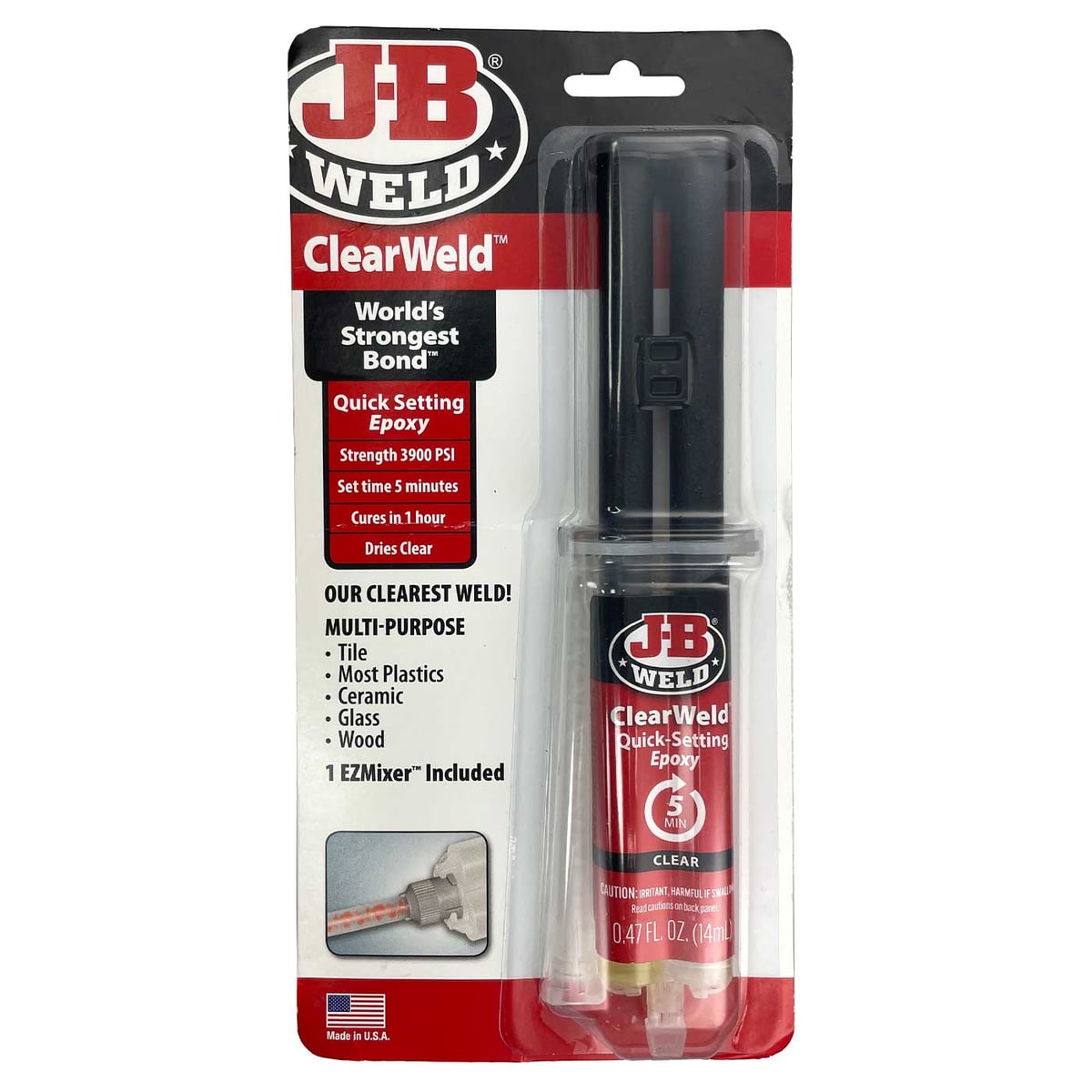 JB Weld ClearWeld Quick-Setting Epoxy in einer transparenten Kunststoffverpackung mit rotem und schwarzem Design, sichtbarem Dosiergerät und Aufschrift "World's Strongest Bond" sowie weiteren Produktinformationen