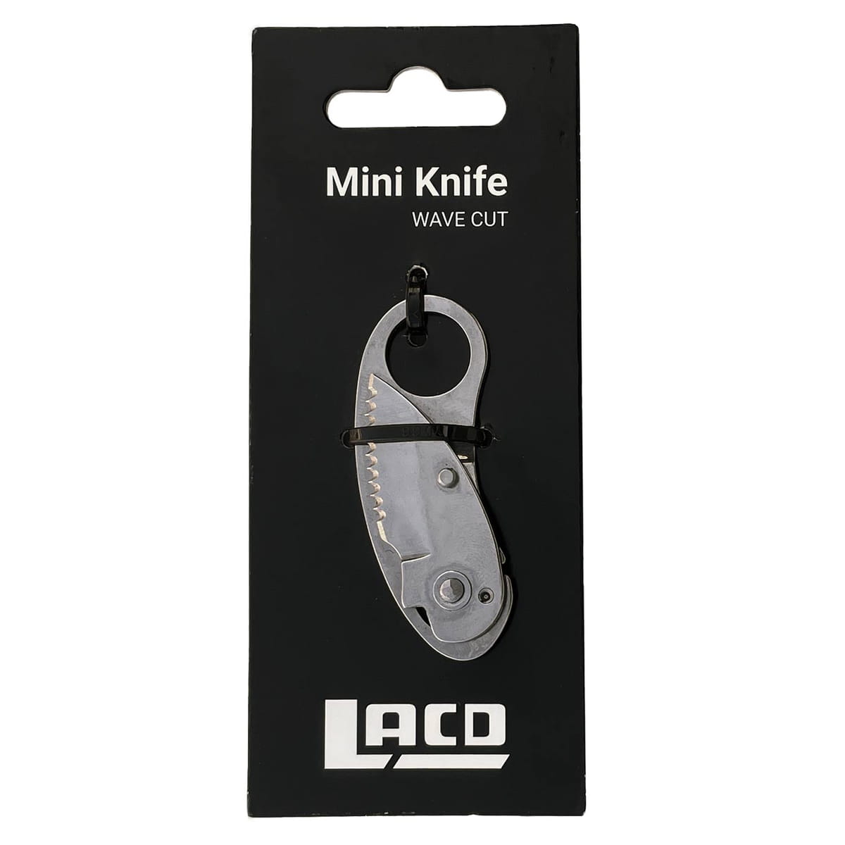 Mini Knife Wave Cut Klappmesser aus Metall auf schwarzer Verpackung mit weißem LACD Logo