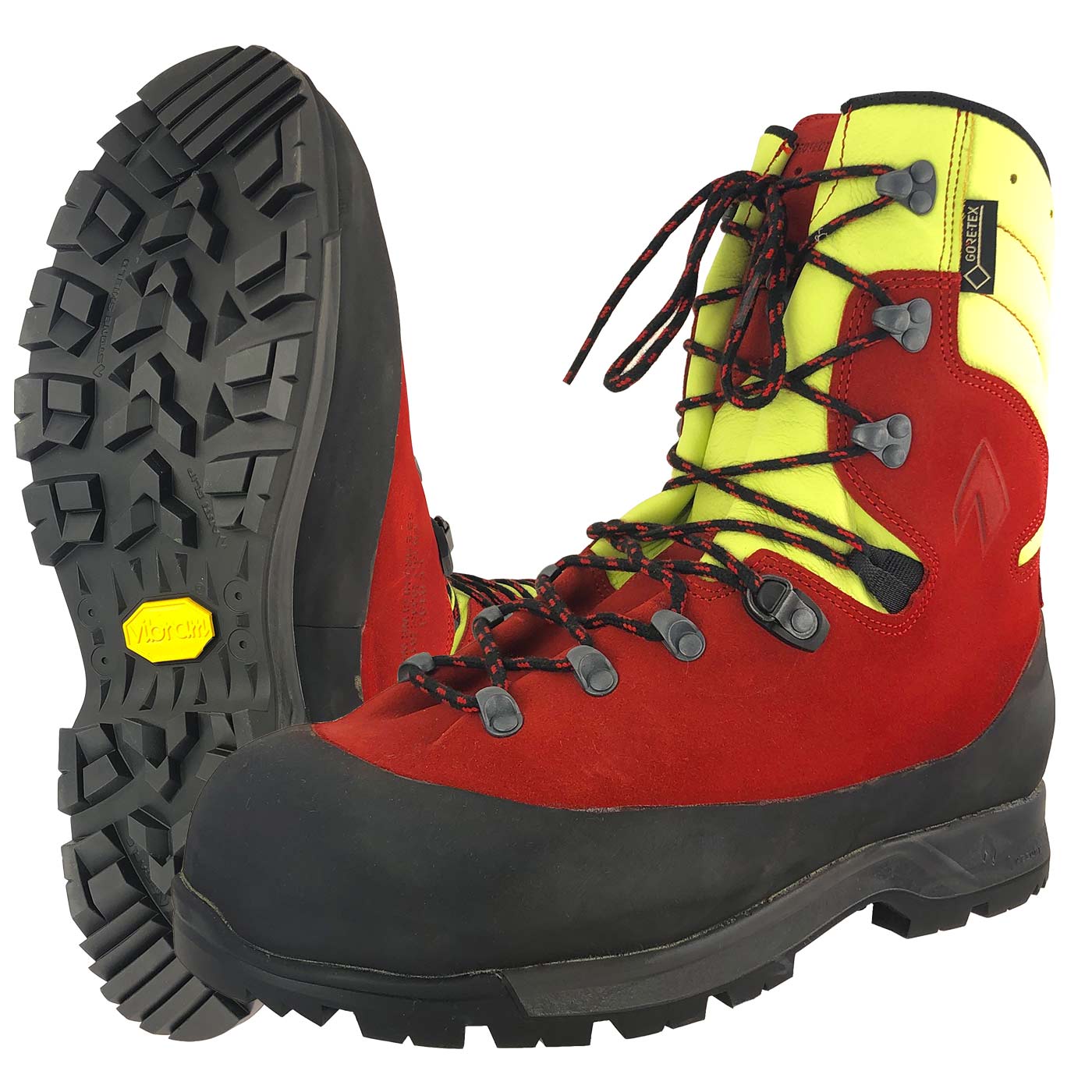 Protector Forest 2.1 GTX Wanderstiefel in Rot mit gelbem Schaft, schwarzer Sohle und schwarzen Schnürsenkeln, Hersteller nicht sichtbar