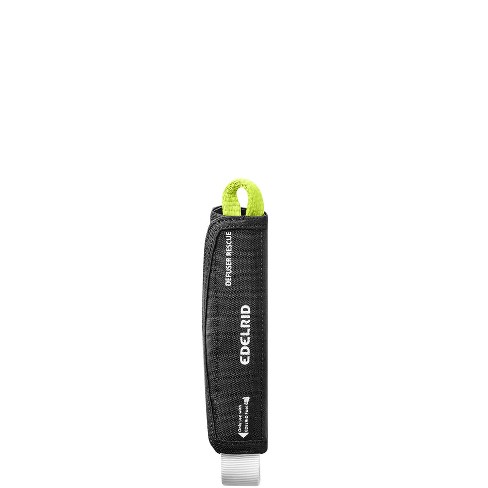 Defuser Rescue, schwarze Schutzhülle mit weißem Schriftzug "EDELRID" und "DEFUSER RESCUE", gelb-grüne Schlaufe oben, Hersteller Edelrid