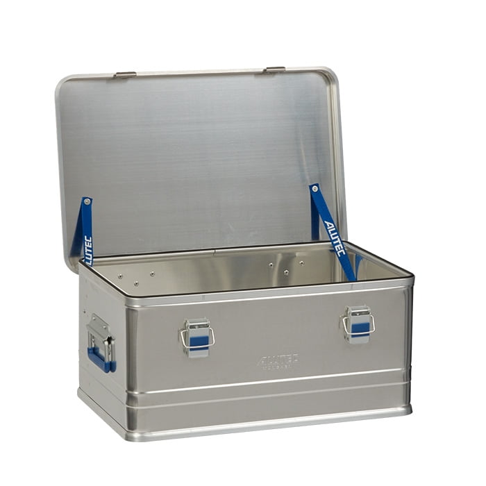Alubox Comfort 48, geschlossene silberne Aluminiumbox mit blauen Griffen und Verschlüssen