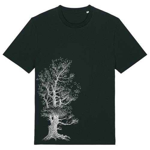 Stone Pine Tree T-Shirt in schwarz mit weißem Baum-Design auf der Vorderseite