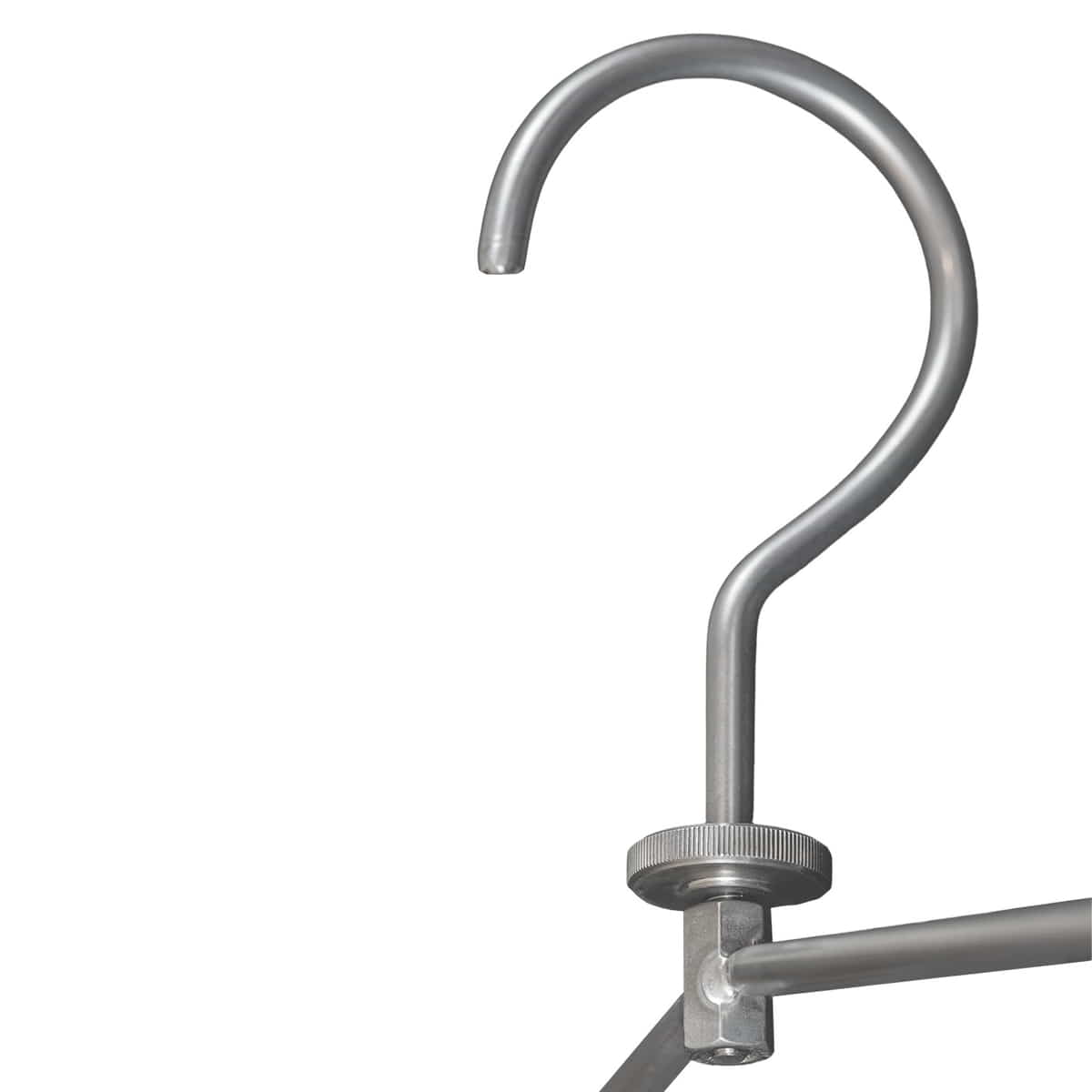 Nahaufnahme des silberfarbenen Metallhakens vom Toolprotect Kleiderbügel Pro mit Schraubverschluss