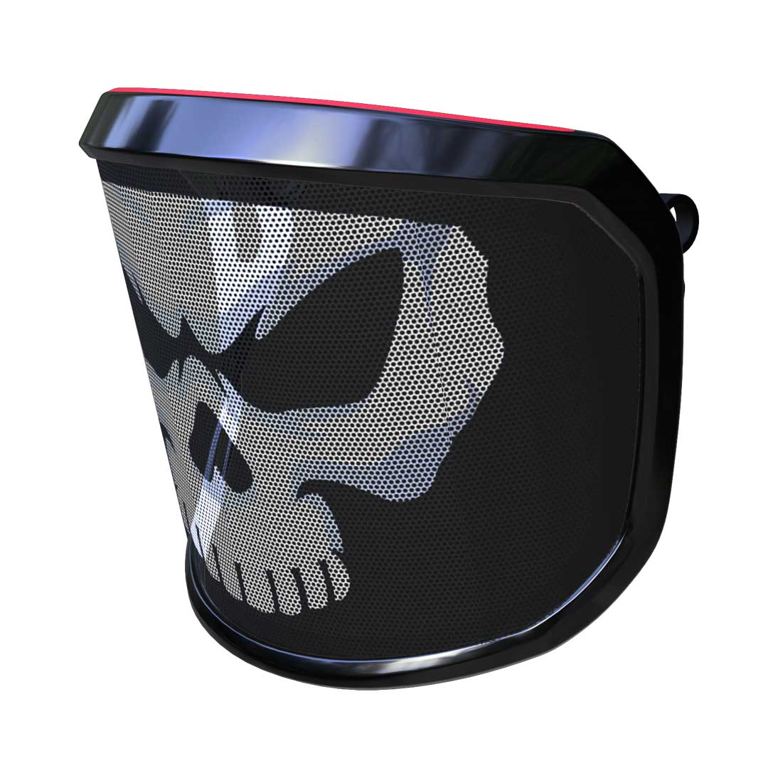 PROTOS® Visier Special Edition mit schwarzem Rahmen und weißem Totenkopf-Motiv auf schwarzem Netzgewebe von links seitlich
