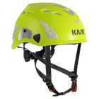 KASK Super Plasma PL Hi-Viz Helm in leuchtendem Gelb mit schwarzen Befestigungsriemen und reflektierenden silbernen Elementen