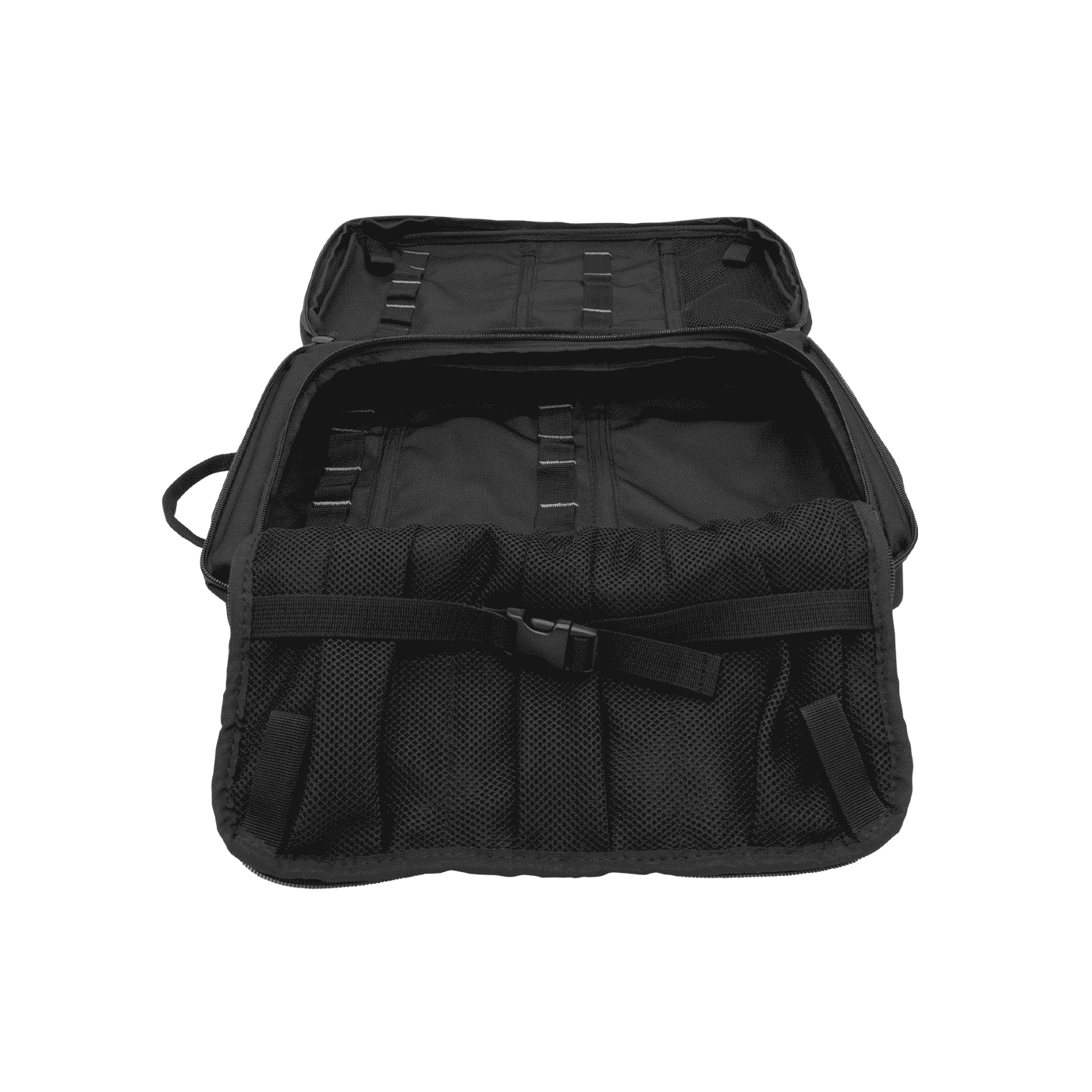 Gear Mule von Teufelberger, offene schwarze Tasche mit mehreren Fächern und Gurten innen