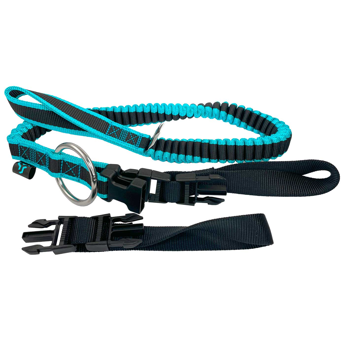 Modular Chainsaw Lanyard in schwarz und türkis mit elastischem Band, zwei schwarzen Schlaufen, Metallring und schwarzen Kunststoffschnallen