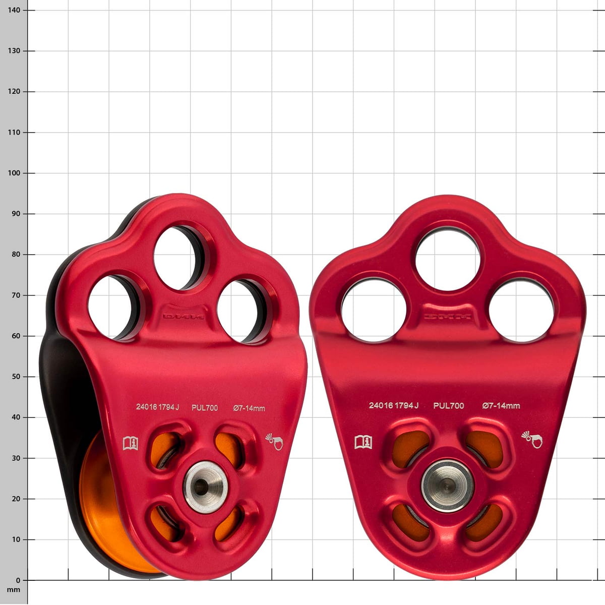 Zwei Hitch Climber 2 Seilrollen mit rotem Gehäuse und orangefarbener Rolle, eine zeigt die Vorderseite, die andere die Rückseite, vor weißem Hintergrund mit Rasterlinien