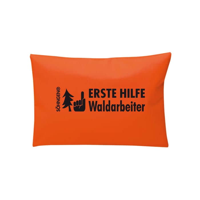 Erste-Hilfe-Set Wald und Baum, orangefarbene rechteckige Tasche mit schwarzem Aufdruck „SÖHNGEN ERSTE HILFE Waldarbeiter“ und Symbolen eines Baumes und einer Hand