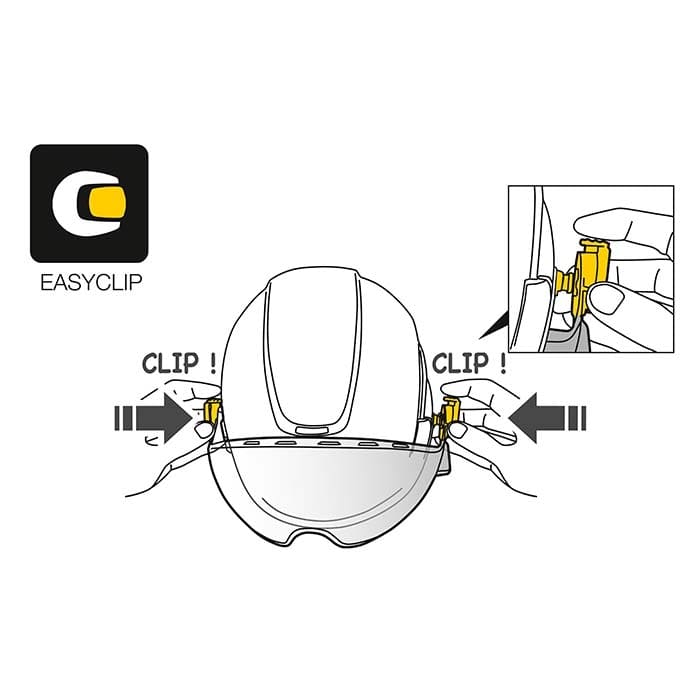 Schwarz-gelbe Clip-Befestigung mit Pfeilen und Handzeichnungen, inklusive EasyClip-Logo