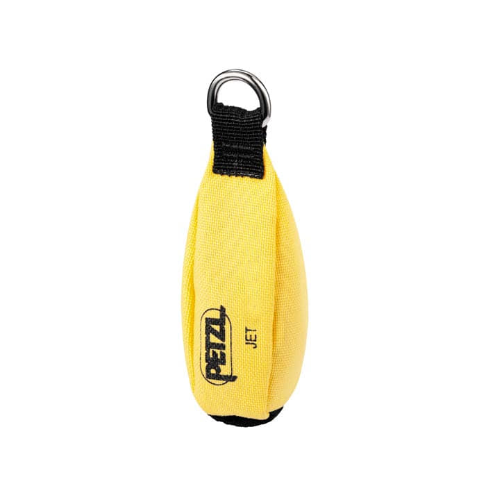 Gelber Petzl Jet Chalkbag mit schwarzem Band und Metallring, Modell Jet