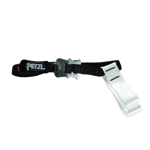 Pantin Strap L von Petzl, ein schwarzer und weißer Gurt mit Metallverschluss und PETZL-Logo auf dem schwarzen Teil