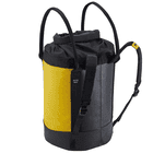 Runder gelber und schwarzer Petzl Bucket 45 mit zwei schwarzen Tragegurten, Rückseite mit Aufdruck „50 KG MAX“