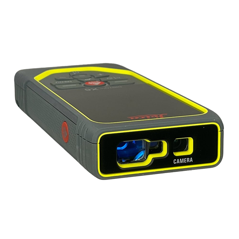Leica Disto X6 Laser-Entfernungsmesser von oben mit sichtbarer Kamera und Laseröffnung, graues Gehäuse mit gelber Umrandung, Hersteller Leica Geosystems