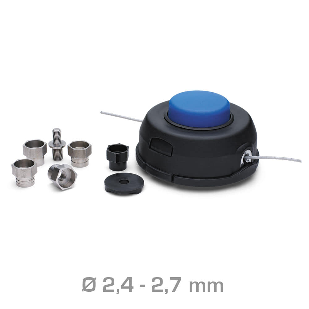T35 Universal Fadenspule mit schwarzem Gehäuse und blauem Knopf, dazu sieben verschiedene Metall- und Kunststoffteile in unterschiedlichen Formen und Größen, Faden Ø 2,4 - 2,7 mm