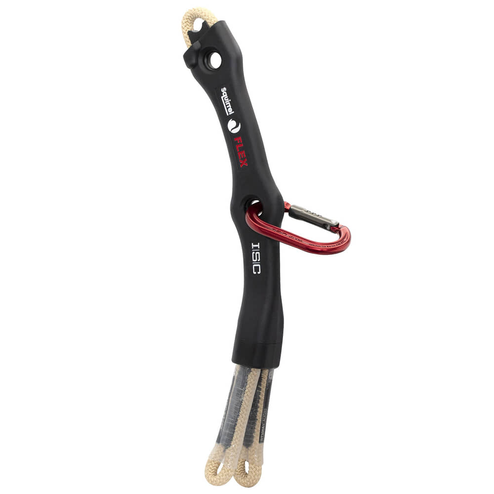 Squirrel Flex Tether von ISIC, schwarzes flexibles Verbindungsteil mit beige-farbenen Schlaufen an beiden Enden, rotem Karabinerhaken eingehängt und zwei runden Löchern