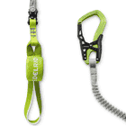 Nahaufnahme des grünen Textilbands mit EDELRID-Logo und eines grünen und schwarzen Karabiners mit grauem elastischem Seil