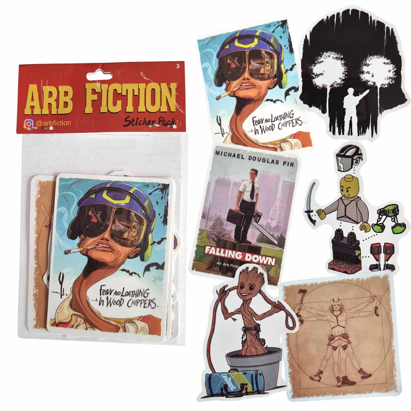 ARB Fiction Pack Vol. 3 Aufkleber-Packung mit rotem Deckblatt und mehreren bunten Aufklebern darunter, darunter ein Aufkleber mit einem Mann mit Helm und Zigarette und der Aufschrift "Fear and Loathing In Wood Chippers"