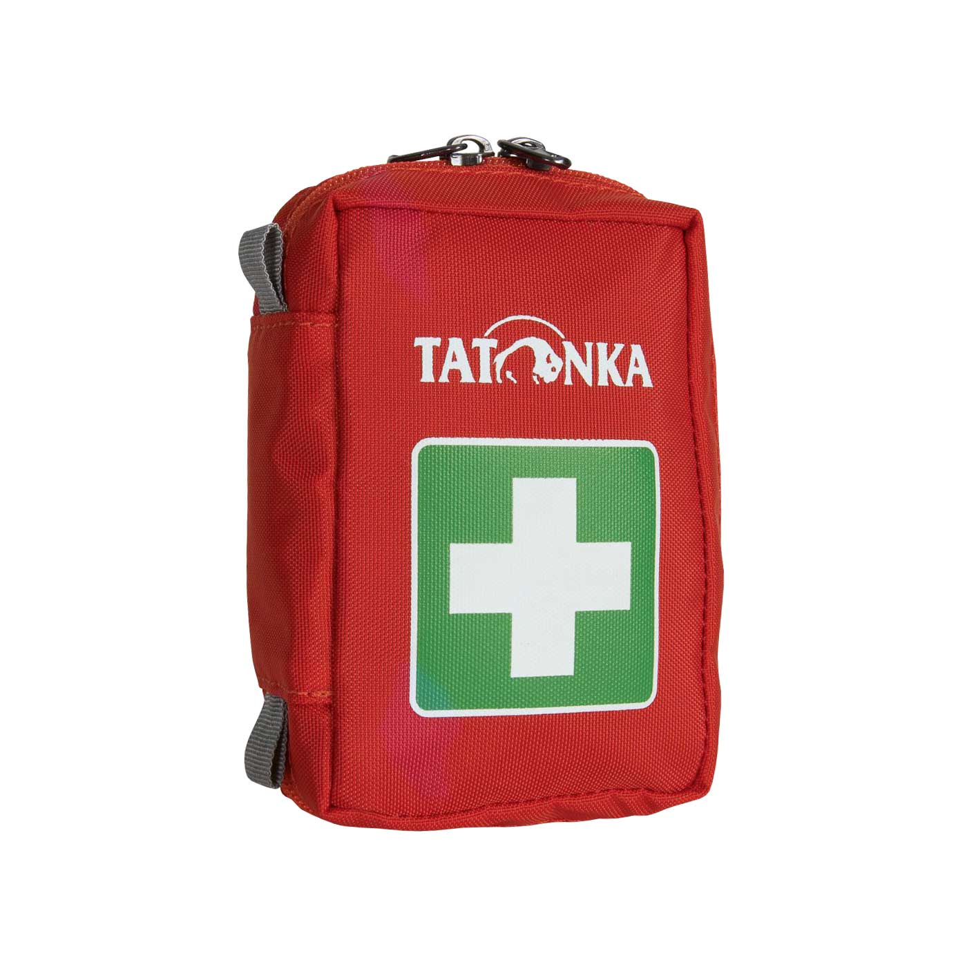 Rotes Tatonka First Aid XS Erste-Hilfe-Set mit weißem Kreuz auf grünem Quadrat und Reißverschluss oben