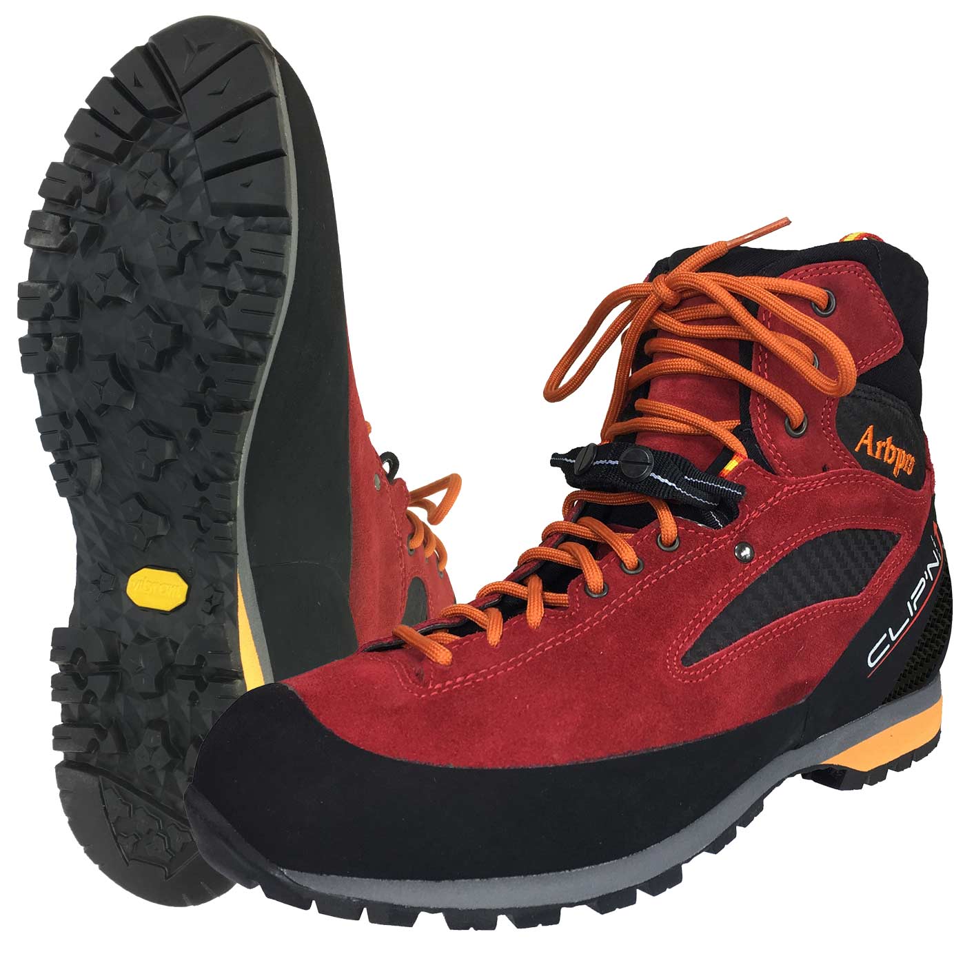 ClipnStep EZloop Wanderschuh in Rot und Schwarz mit orangefarbenen Schnürsenkeln, Profilsohle mit gelbem Vibram-Logo sichtbar