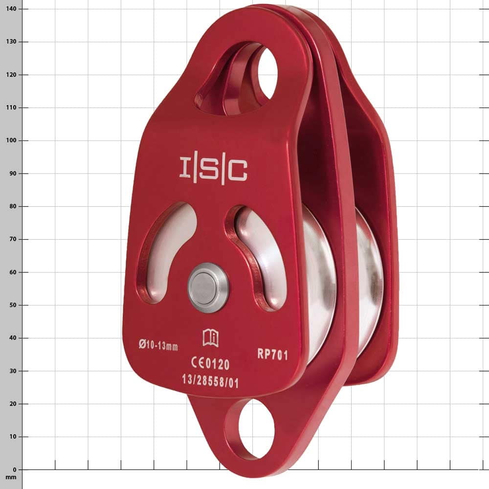 Double Rescue Pulley, rotes Seilrolle mit zwei Rädern, Hersteller ISC, Typ RP701, mit Beschriftungen und technischen Angaben