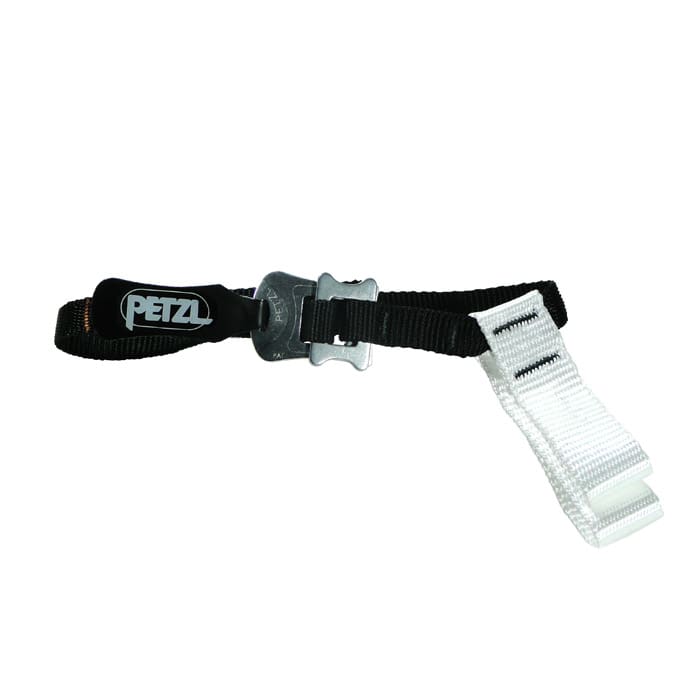 Pantin Strap L von Petzl, ein schwarzer und weißer Gurt mit Metallverschluss und PETZL-Logo auf dem schwarzen Teil