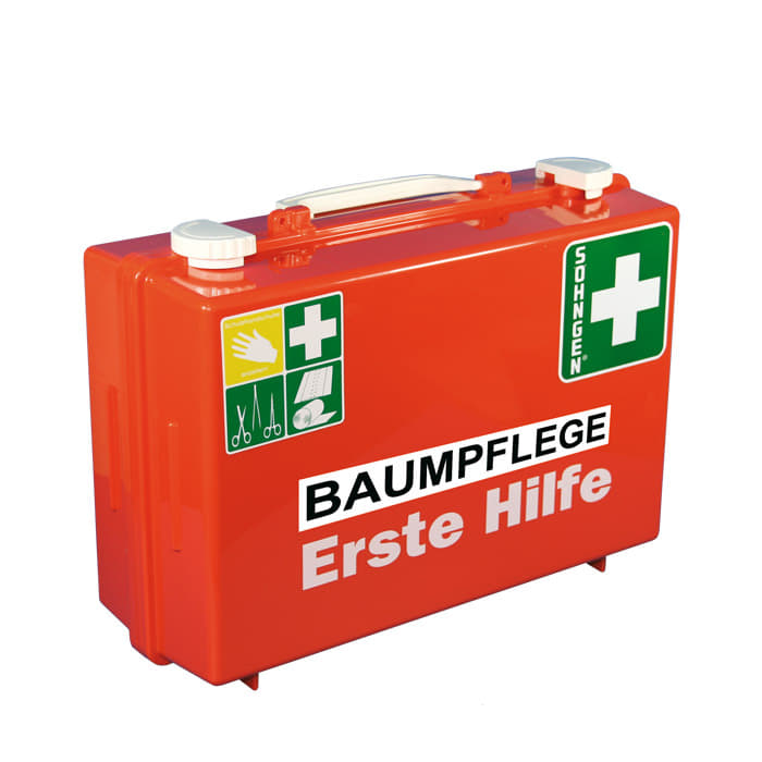 Erste-Hilfe-Koffer Klein von Sohngen in orange mit weißen Verschlüssen, Aufdruck "BAUMPFLEGE Erste Hilfe" und grünen Symbolen
