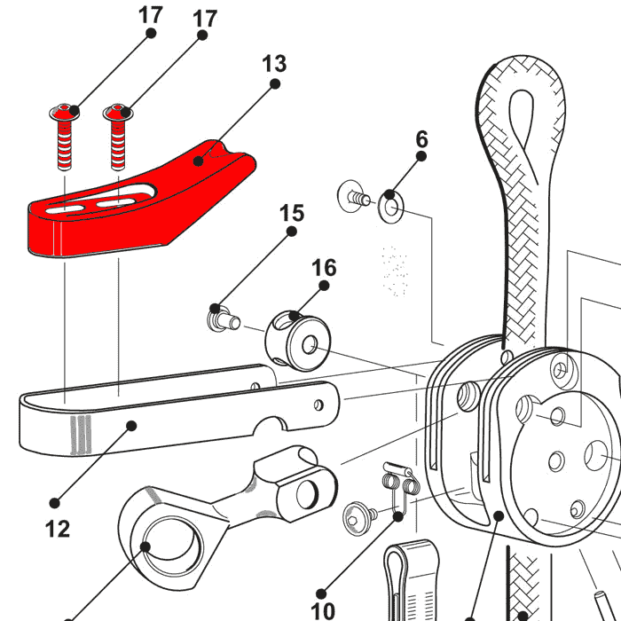 technische Zeichnung mit nummerierten Einzelteilen, darunter das rote SpiderJack 2.1 Bremsholz, verschiedene Schrauben, Scheiben und weitere Bauteile