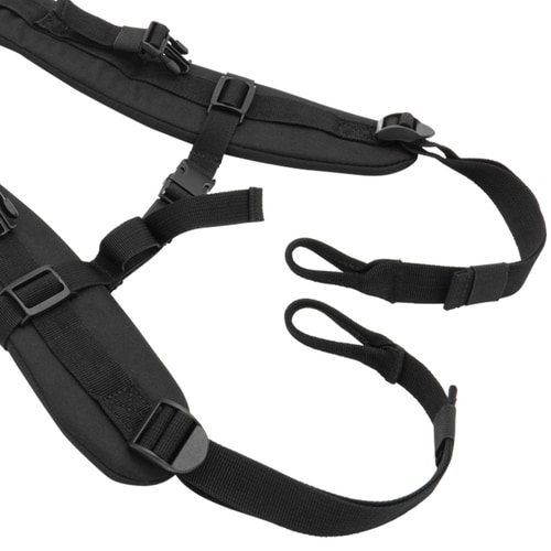 Detailaufnahme der unteren Enden der schwarzen Mule Shoulder Straps mit Schlaufen und verstellbaren Riemen